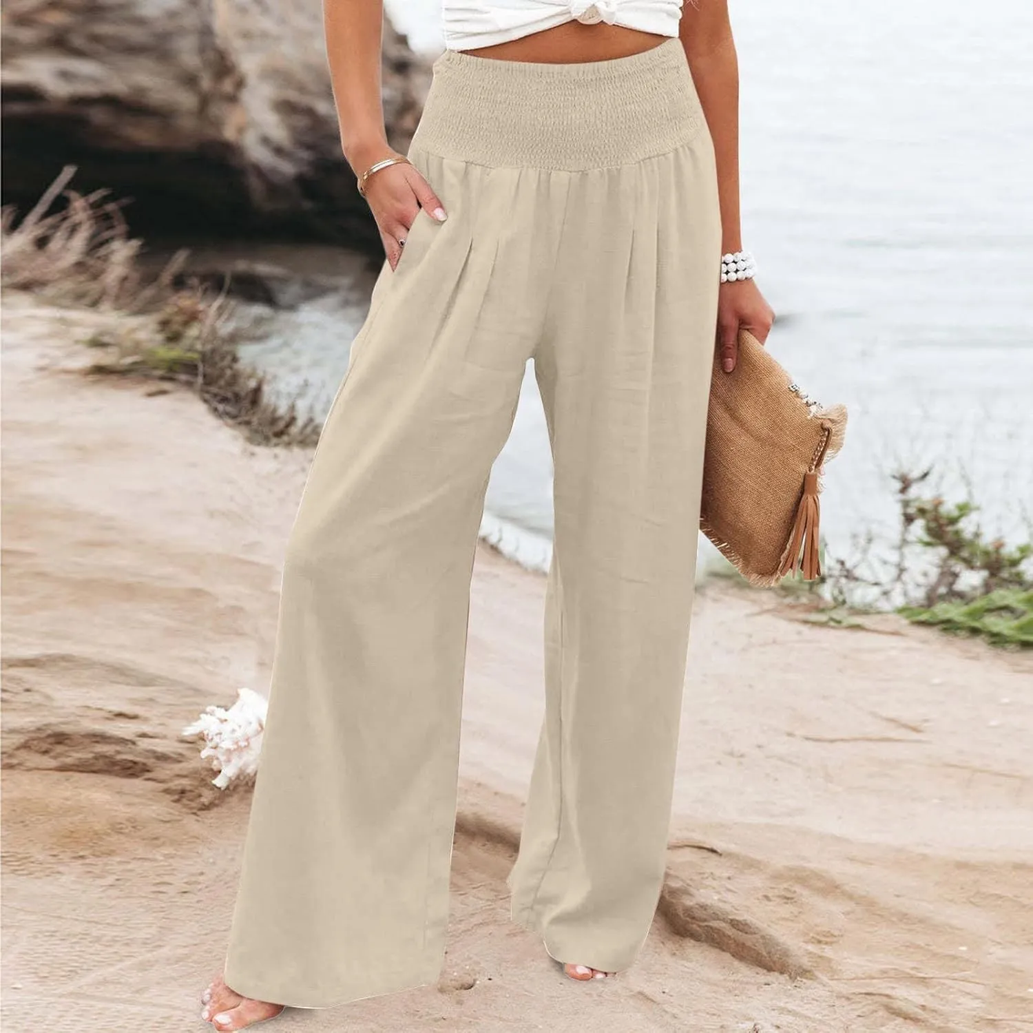 Linen Pants Women Summer Wide Leg Palazzo Pants High Waisted Casual Lounge Loose Beach Trousers with Pockets
