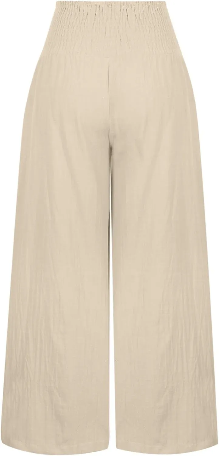 Linen Pants Women Summer Wide Leg Palazzo Pants High Waisted Casual Lounge Loose Beach Trousers with Pockets