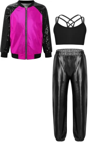 Linjinx Kids Girls 3Pcs Dance Tracksuit Crop Top High Waist Pants Sequins Long Sleeve Metallic Jacket Performance Set