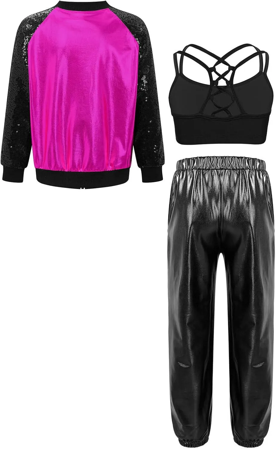 Linjinx Kids Girls 3Pcs Dance Tracksuit Crop Top High Waist Pants Sequins Long Sleeve Metallic Jacket Performance Set