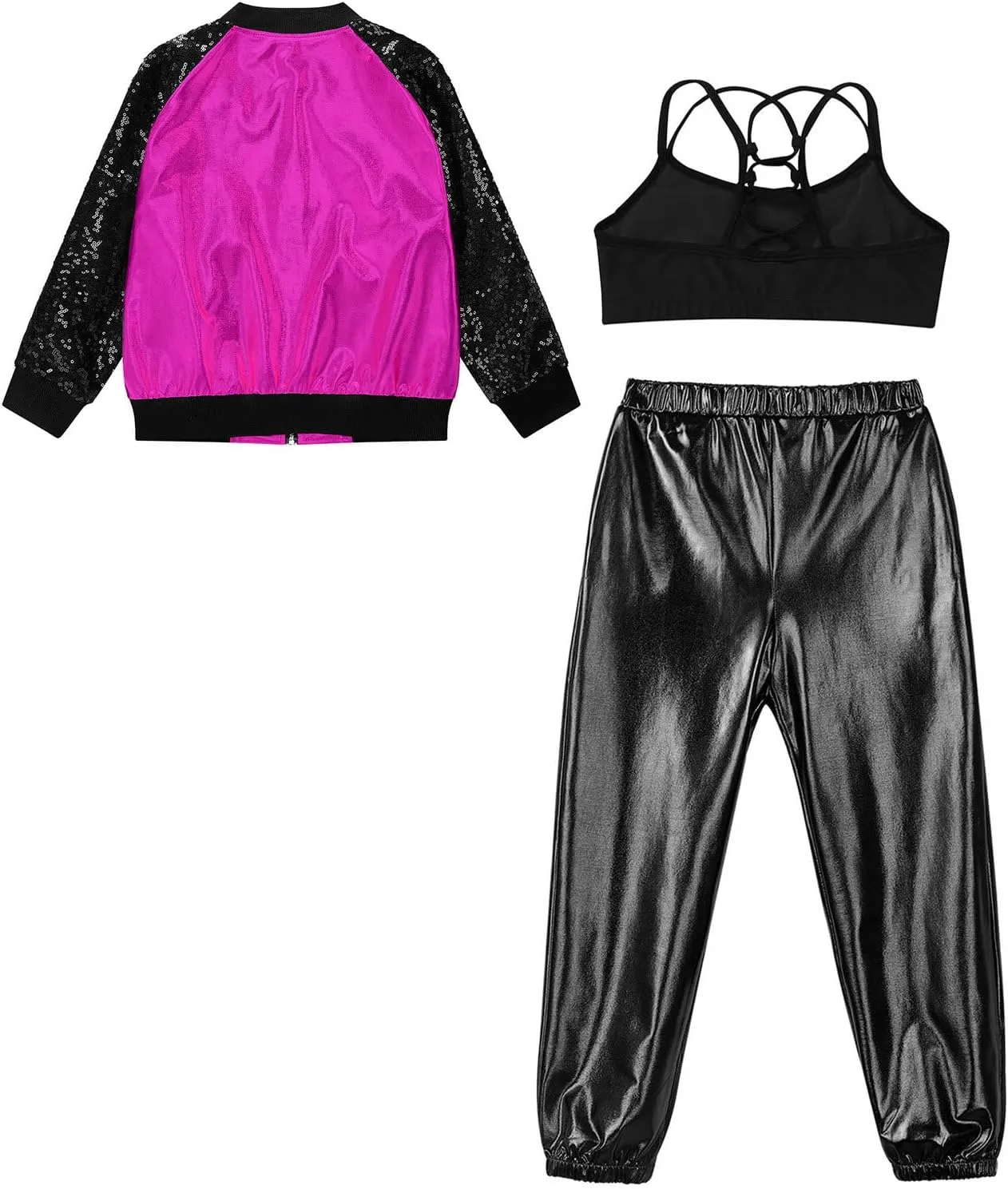 Linjinx Kids Girls 3Pcs Dance Tracksuit Crop Top High Waist Pants Sequins Long Sleeve Metallic Jacket Performance Set