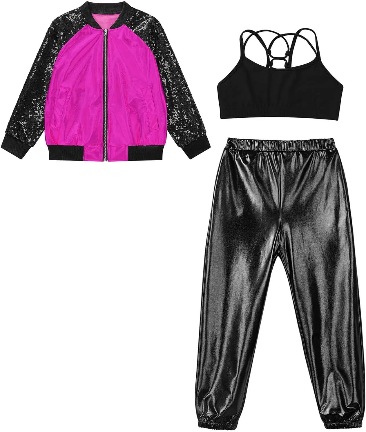 Linjinx Kids Girls 3Pcs Dance Tracksuit Crop Top High Waist Pants Sequins Long Sleeve Metallic Jacket Performance Set