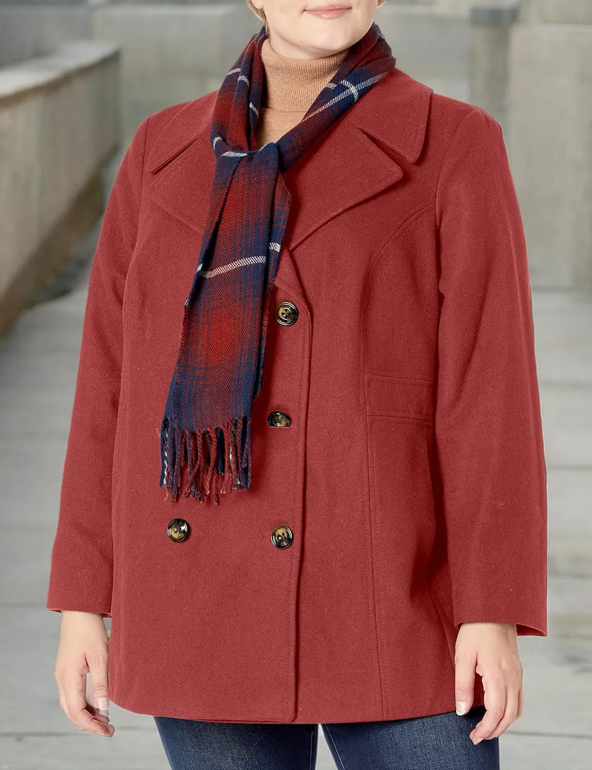 LONDON FOG Women's Plus-Size Double Breasted Peacoat with Scarf
