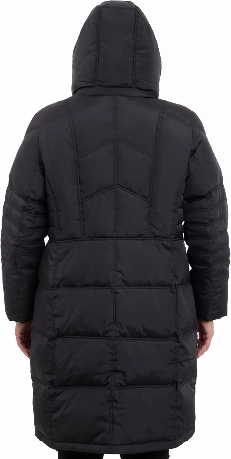 LONDON FOG Women's Plus-Size Mid-Length Faux-Fur Collar Down Coat with Hood