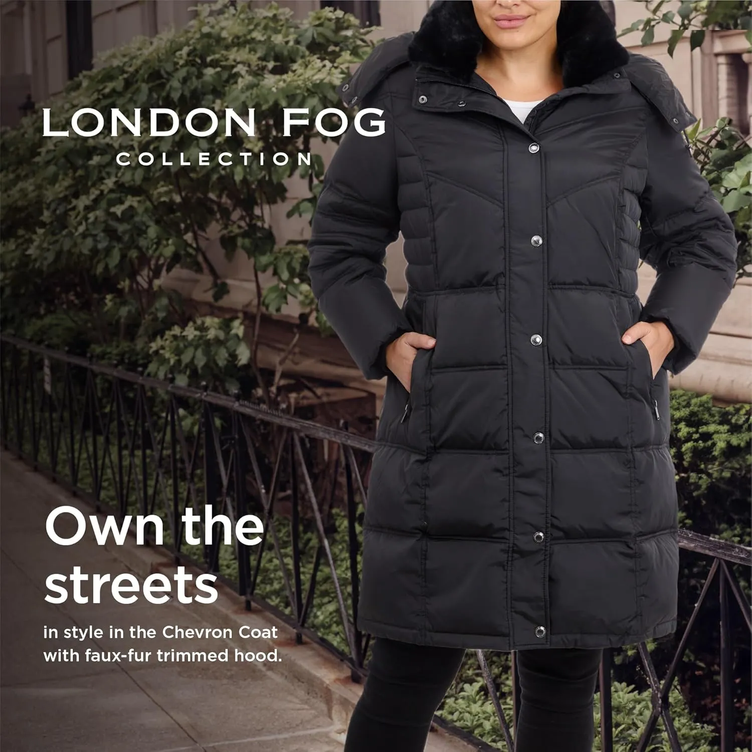 LONDON FOG Women's Plus-Size Mid-Length Faux-Fur Collar Down Coat with Hood