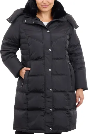 LONDON FOG Women's Plus-Size Mid-Length Faux-Fur Collar Down Coat with Hood