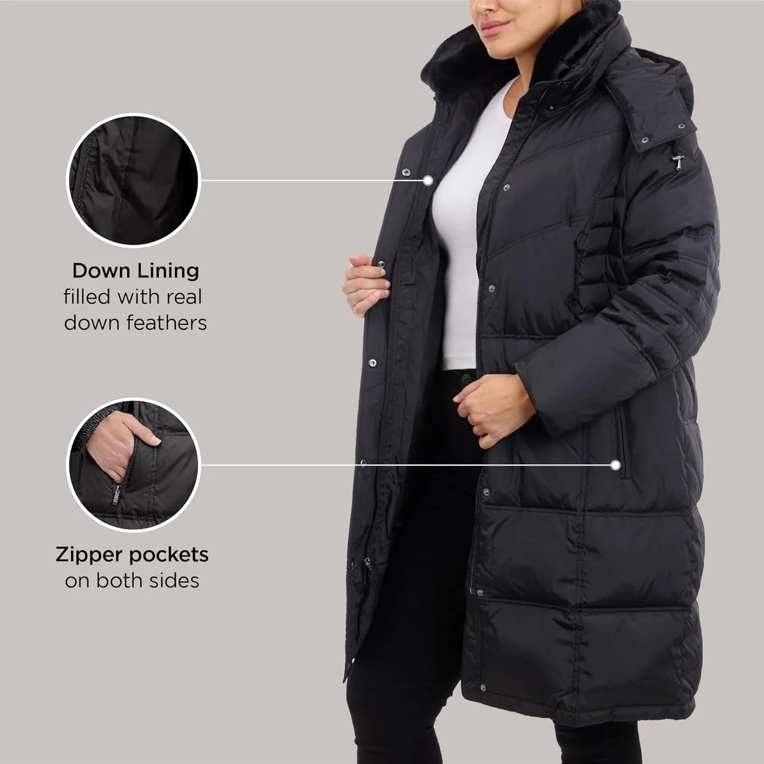 LONDON FOG Women's Plus-Size Mid-Length Faux-Fur Collar Down Coat with Hood