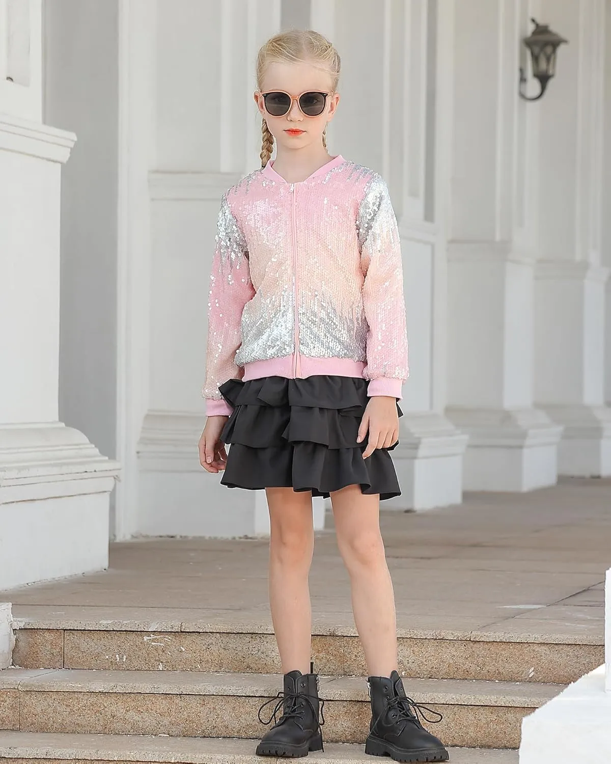 Lovekider Girls Sequin Jacket Glitter Long Sleeves Gradient Ombre Bomber Coat with Ribbed Cuffs for 4-12 Years Kids