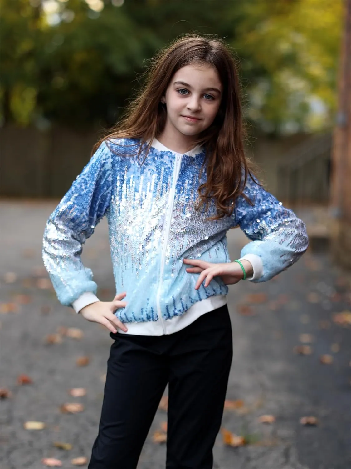 Lovekider Girls Sequin Jacket Glitter Long Sleeves Gradient Ombre Bomber Coat with Ribbed Cuffs for 4-12 Years Kids