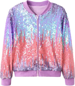 Lovekider Girls Sequin Jacket Glitter Long Sleeves Gradient Ombre Bomber Coat with Ribbed Cuffs for 4-12 Years Kids