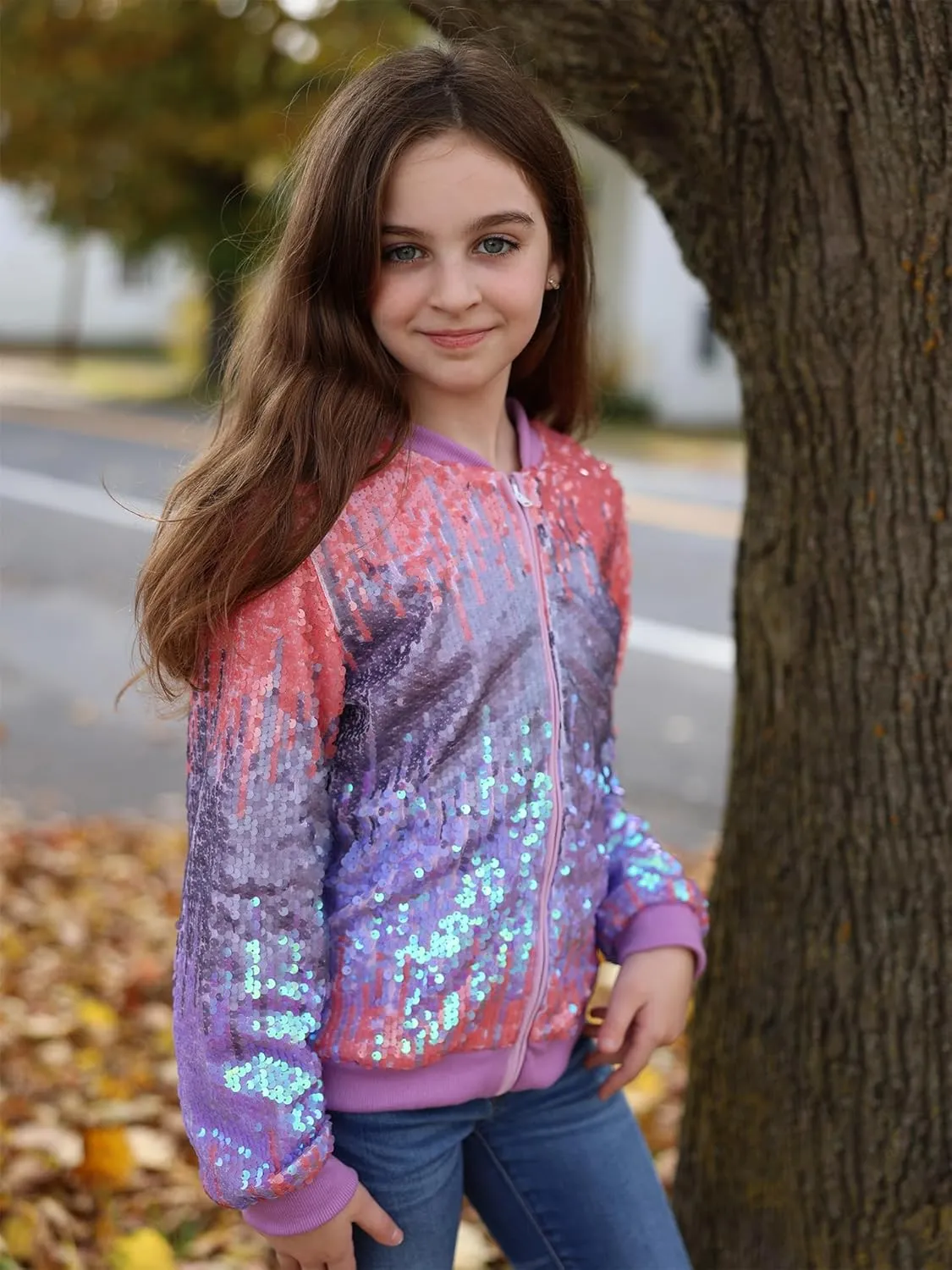 Lovekider Girls Sequin Jacket Glitter Long Sleeves Gradient Ombre Bomber Coat with Ribbed Cuffs for 4-12 Years Kids