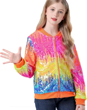 Lovekider Girls Sequin Jacket Glitter Long Sleeves Gradient Ombre Bomber Coat with Ribbed Cuffs for 4-12 Years Kids