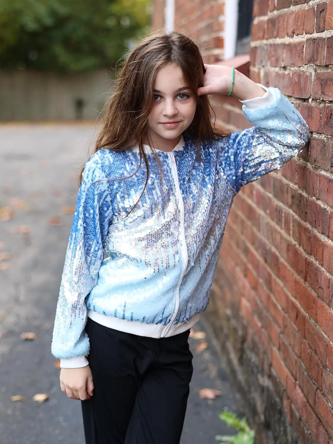 Lovekider Girls Sequin Jacket Glitter Long Sleeves Gradient Ombre Bomber Coat with Ribbed Cuffs for 4-12 Years Kids