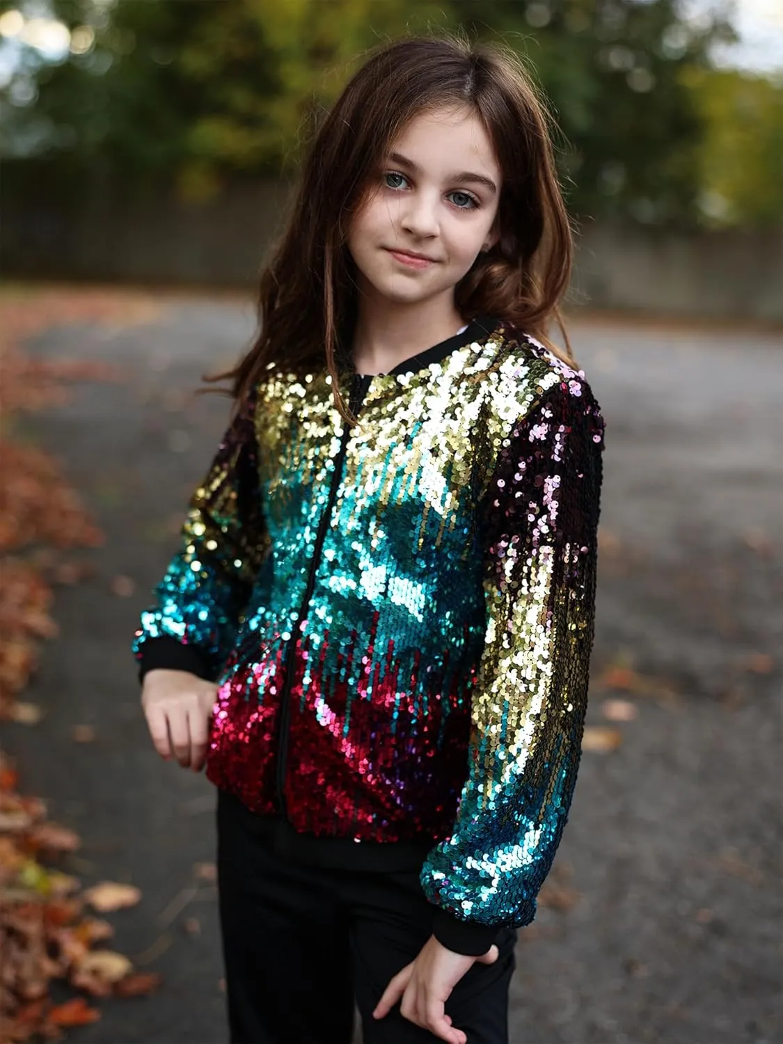 Lovekider Girls Sequin Jacket Glitter Long Sleeves Gradient Ombre Bomber Coat with Ribbed Cuffs for 4-12 Years Kids