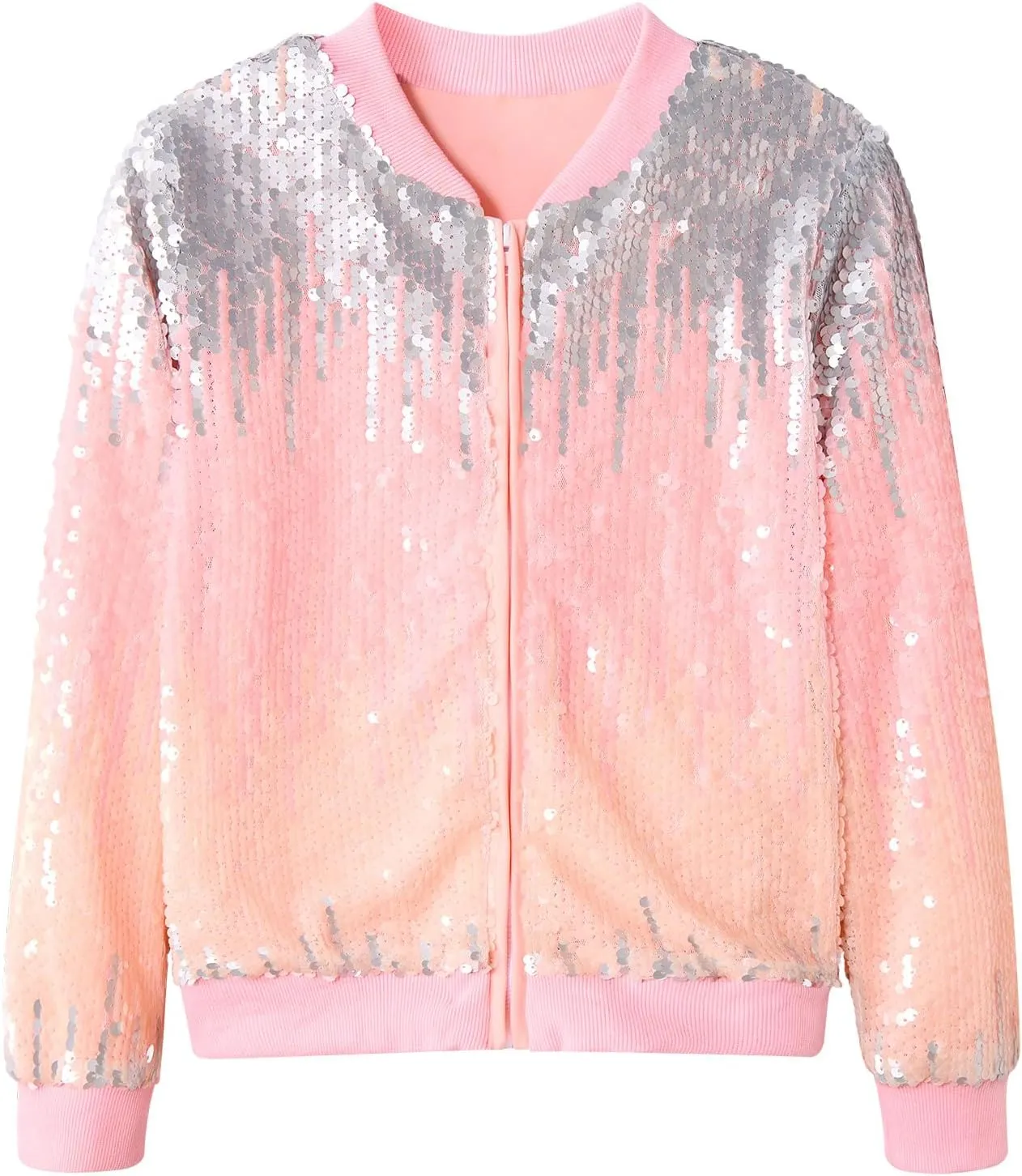 Lovekider Girls Sequin Jacket Glitter Long Sleeves Gradient Ombre Bomber Coat with Ribbed Cuffs for 4-12 Years Kids