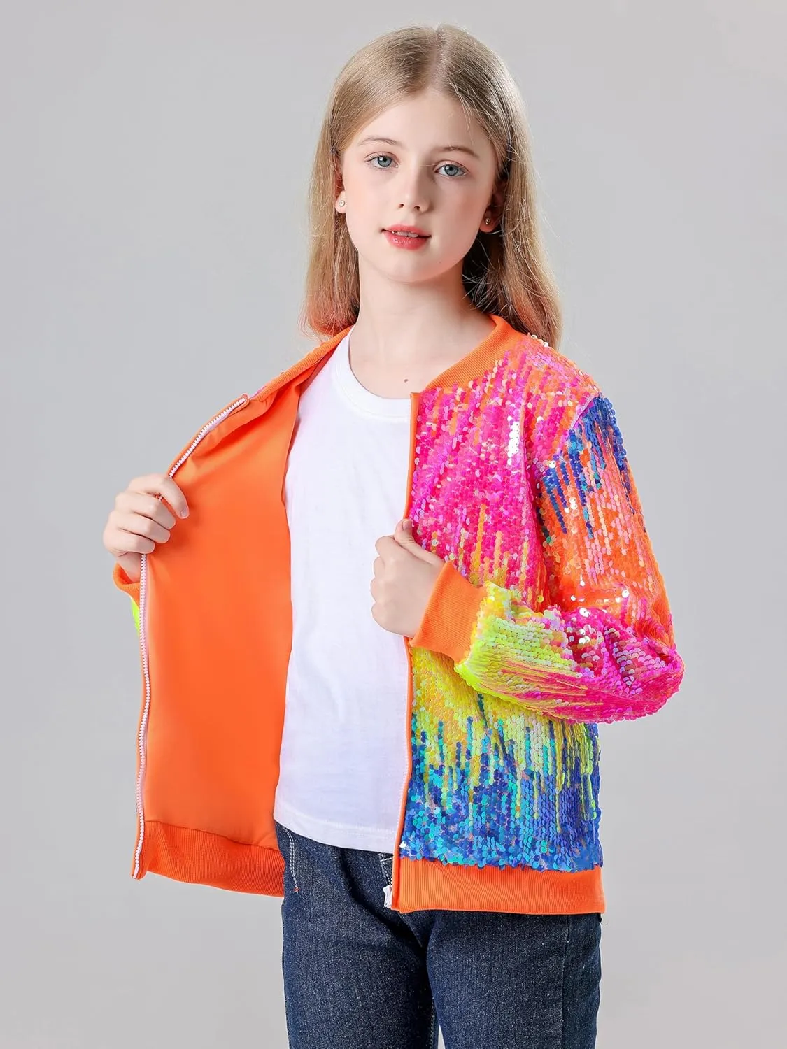 Lovekider Girls Sequin Jacket Glitter Long Sleeves Gradient Ombre Bomber Coat with Ribbed Cuffs for 4-12 Years Kids
