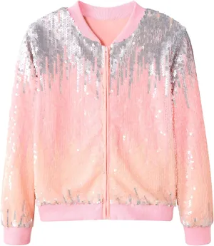 Lovekider Girls Sequin Jacket Glitter Long Sleeves Gradient Ombre Bomber Coat with Ribbed Cuffs for 4-12 Years Kids