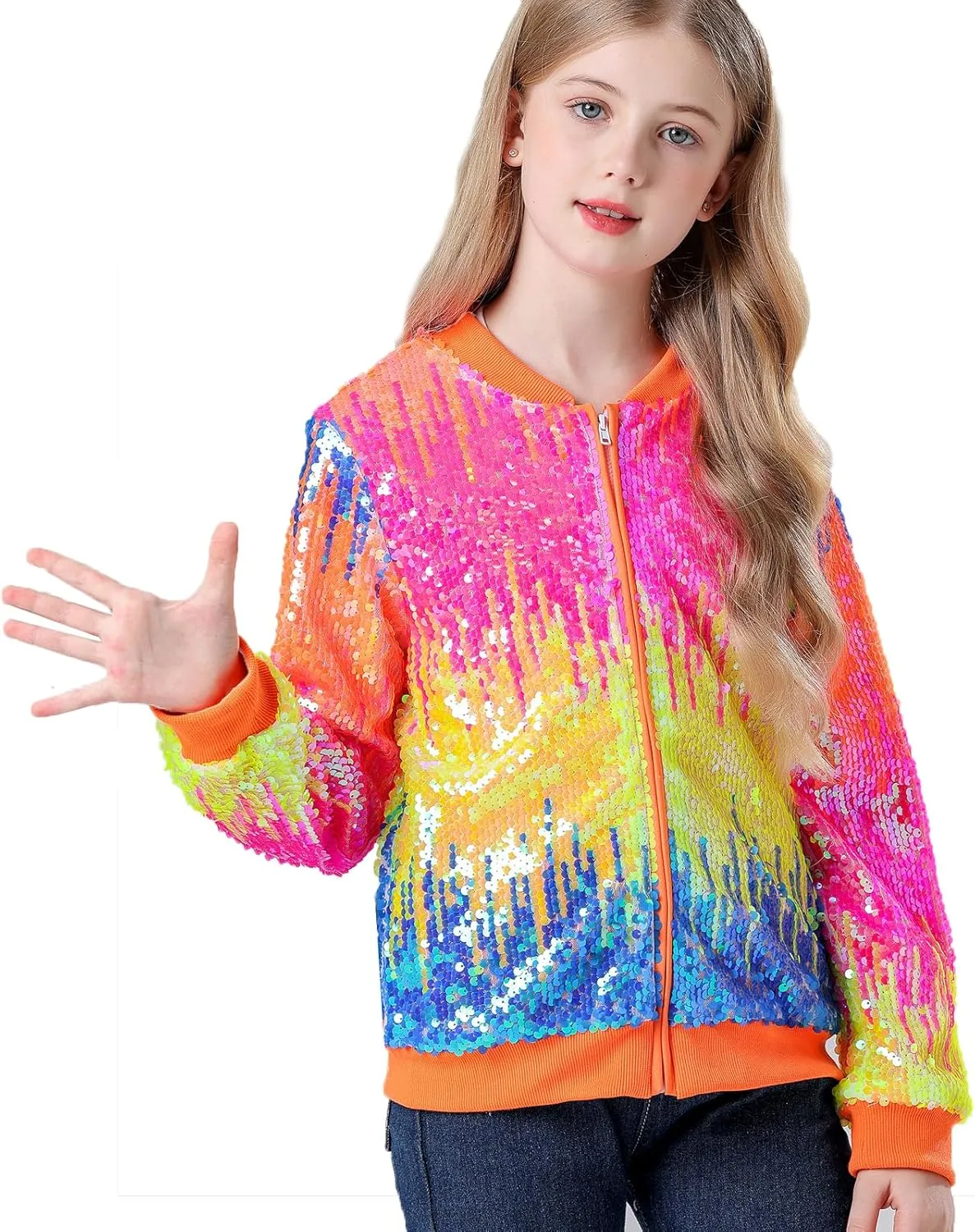 Lovekider Girls Sequin Jacket Glitter Long Sleeves Gradient Ombre Bomber Coat with Ribbed Cuffs for 4-12 Years Kids