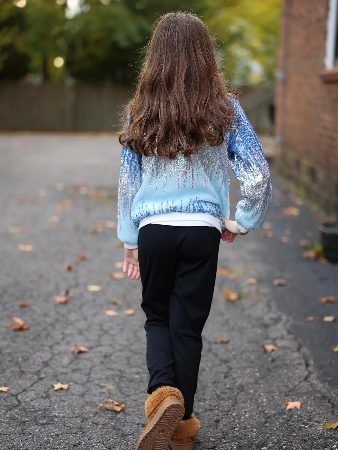 Lovekider Girls Sequin Jacket Glitter Long Sleeves Gradient Ombre Bomber Coat with Ribbed Cuffs for 4-12 Years Kids