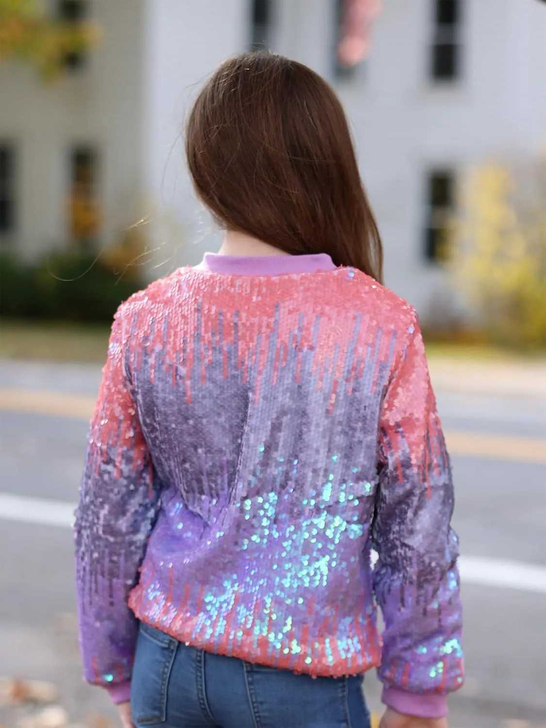 Lovekider Girls Sequin Jacket Glitter Long Sleeves Gradient Ombre Bomber Coat with Ribbed Cuffs for 4-12 Years Kids