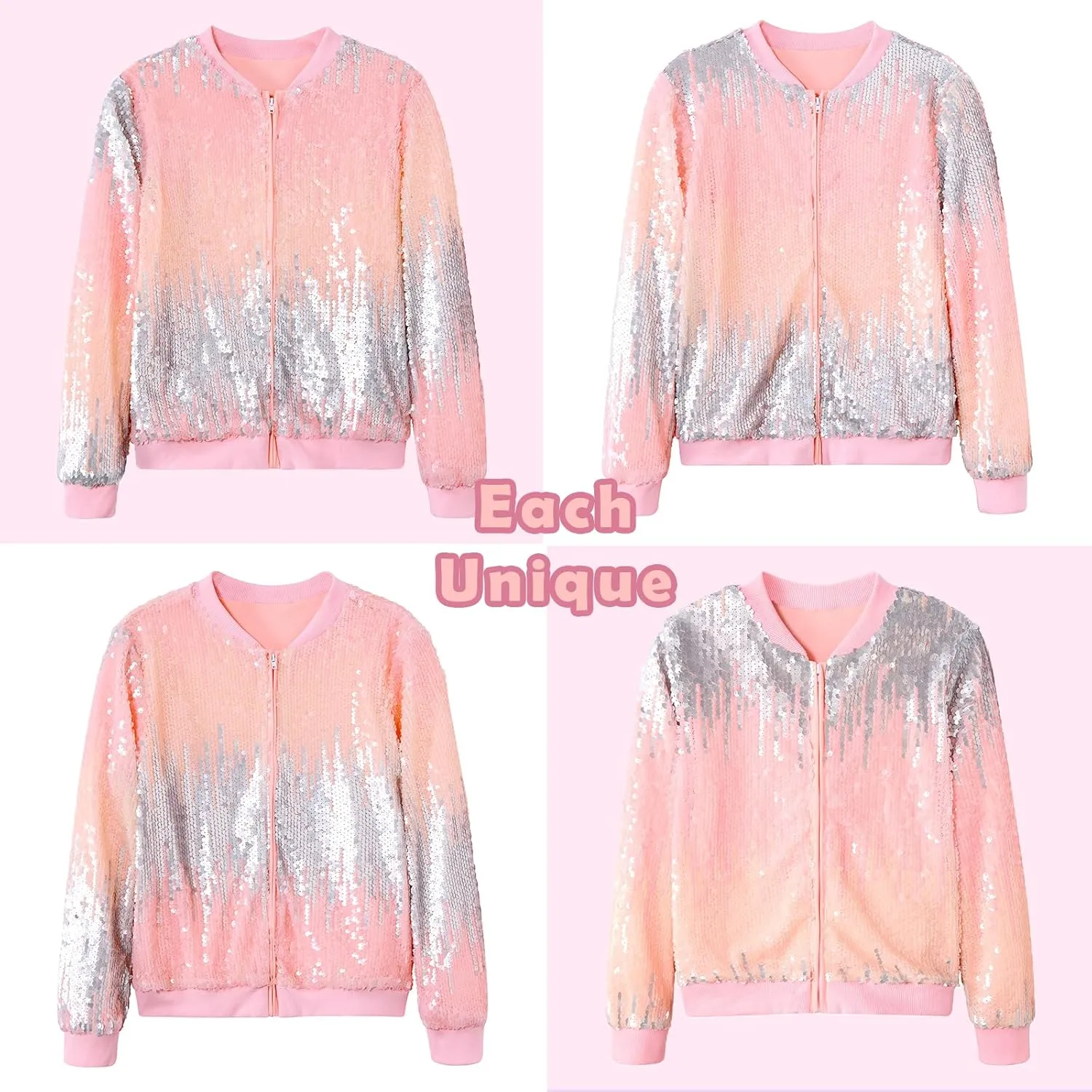 Lovekider Girls Sequin Jacket Glitter Long Sleeves Gradient Ombre Bomber Coat with Ribbed Cuffs for 4-12 Years Kids