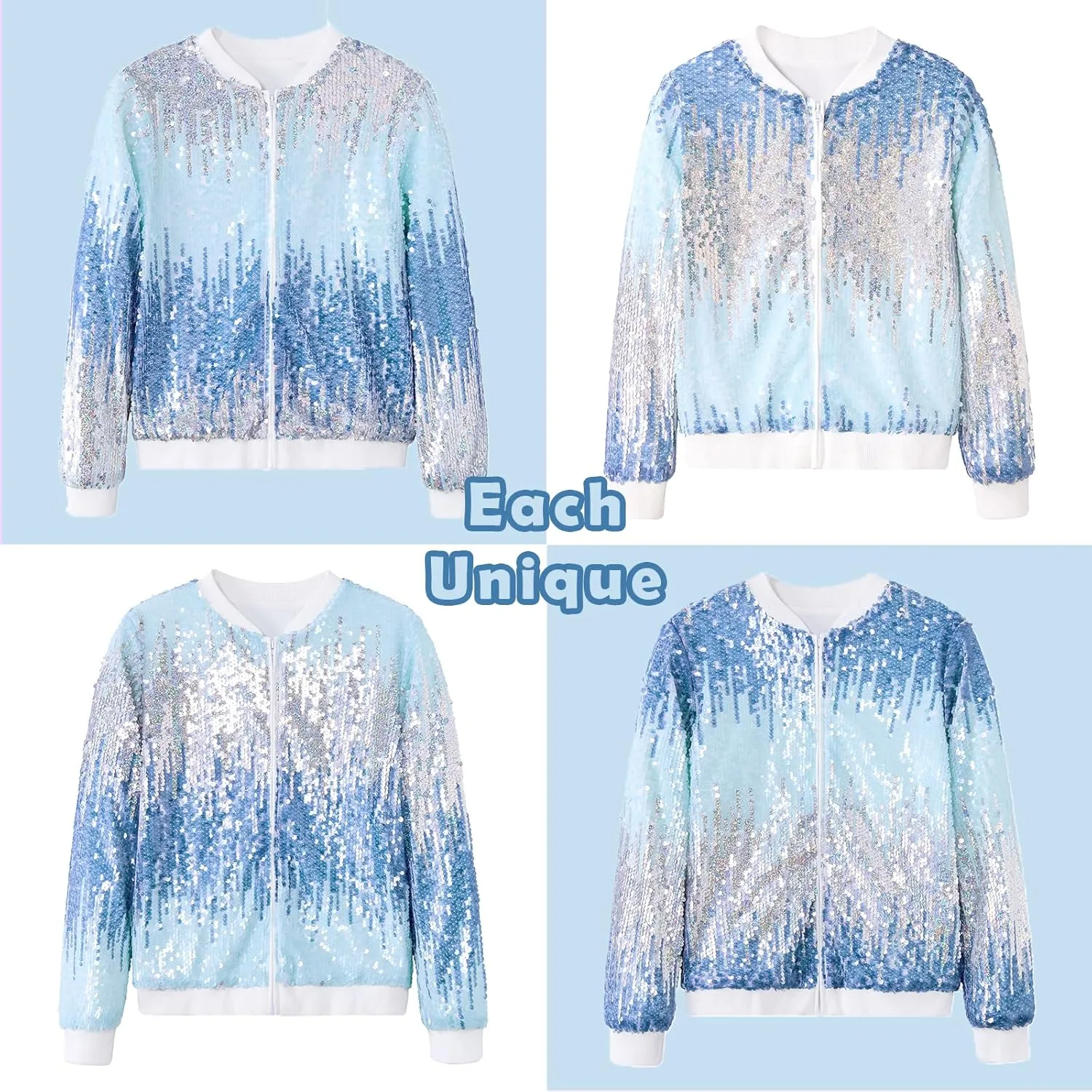 Lovekider Girls Sequin Jacket Glitter Long Sleeves Gradient Ombre Bomber Coat with Ribbed Cuffs for 4-12 Years Kids