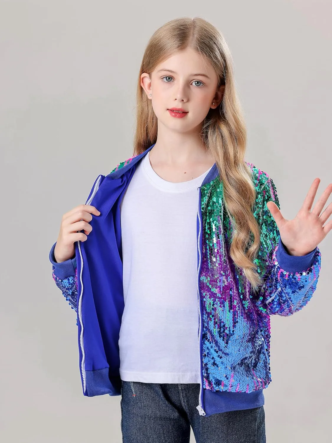 Lovekider Girls Sequin Jacket Glitter Long Sleeves Gradient Ombre Bomber Coat with Ribbed Cuffs for 4-12 Years Kids