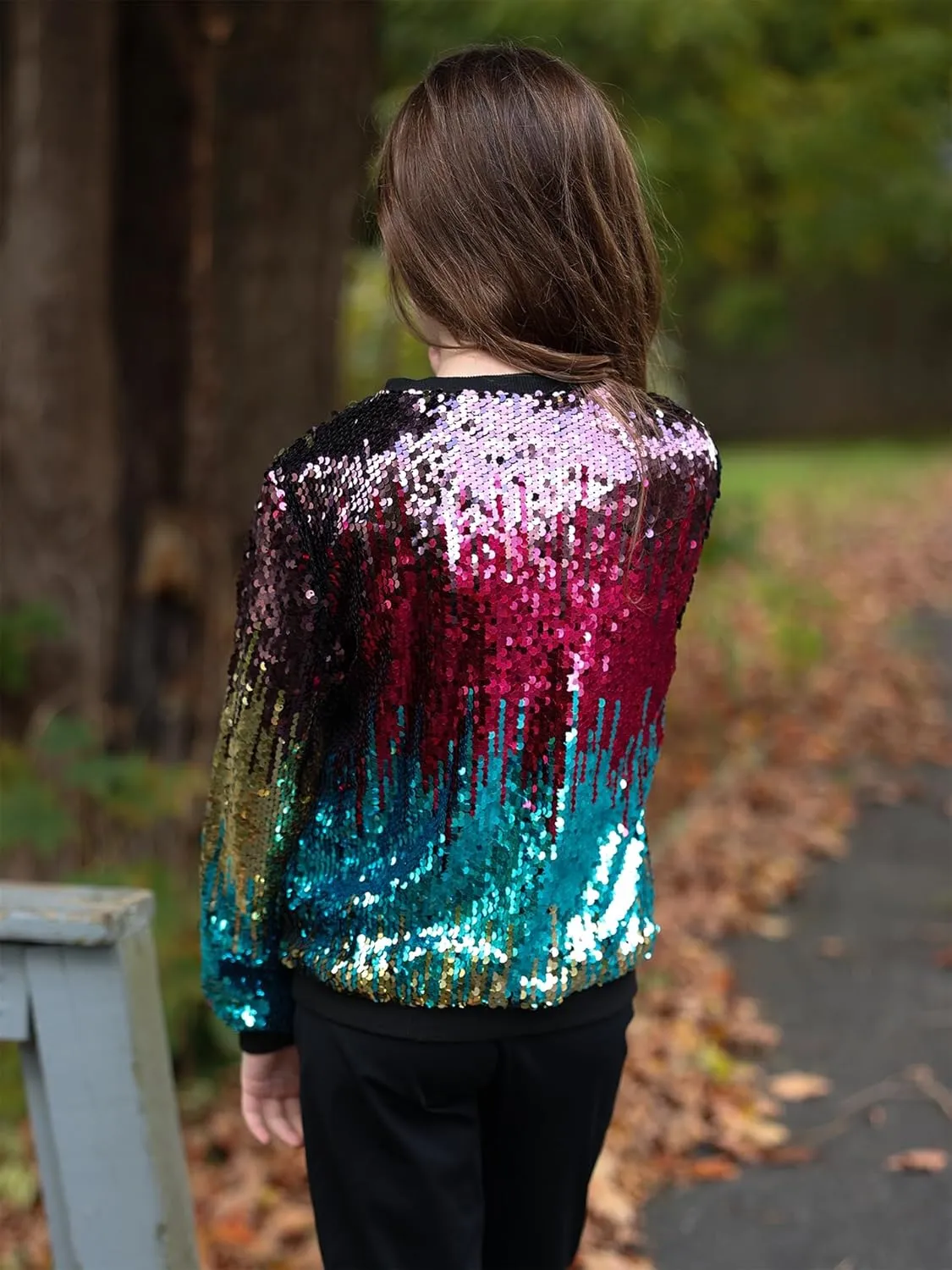 Lovekider Girls Sequin Jacket Glitter Long Sleeves Gradient Ombre Bomber Coat with Ribbed Cuffs for 4-12 Years Kids