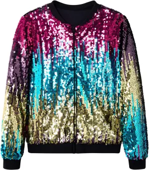 Lovekider Girls Sequin Jacket Glitter Long Sleeves Gradient Ombre Bomber Coat with Ribbed Cuffs for 4-12 Years Kids