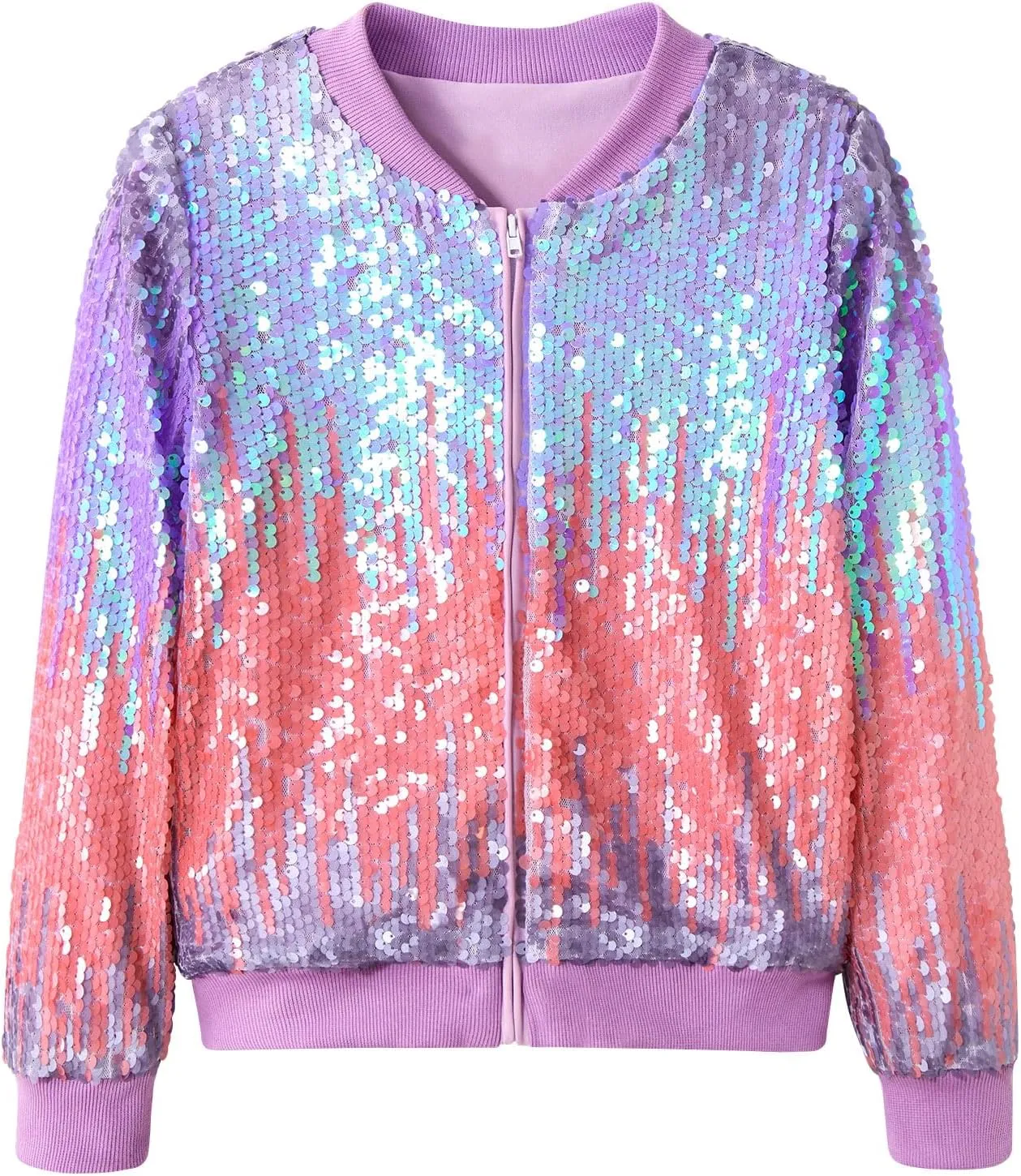 Lovekider Girls Sequin Jacket Glitter Long Sleeves Gradient Ombre Bomber Coat with Ribbed Cuffs for 4-12 Years Kids