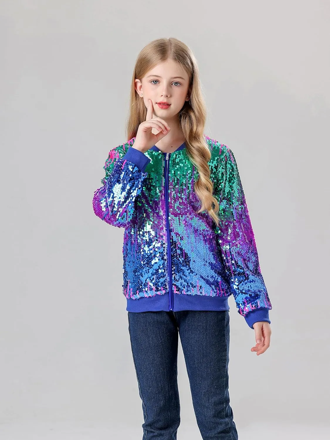 Lovekider Girls Sequin Jacket Glitter Long Sleeves Gradient Ombre Bomber Coat with Ribbed Cuffs for 4-12 Years Kids