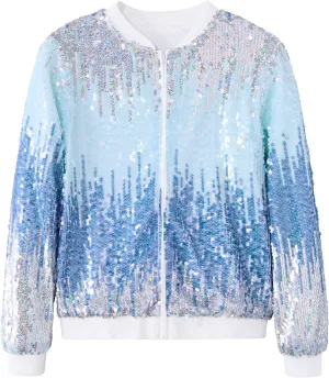 Lovekider Girls Sequin Jacket Glitter Long Sleeves Gradient Ombre Bomber Coat with Ribbed Cuffs for 4-12 Years Kids
