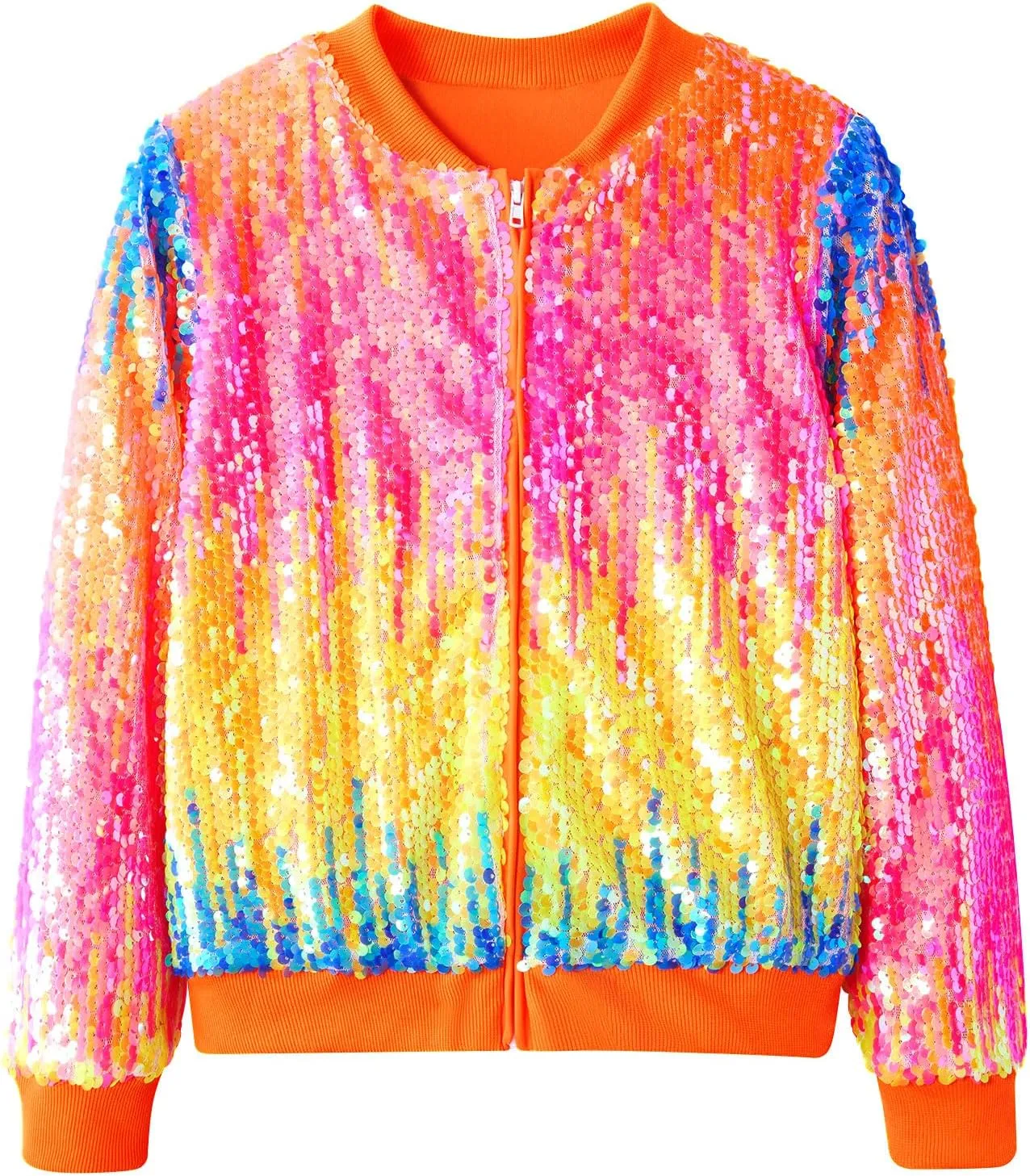 Lovekider Girls Sequin Jacket Glitter Long Sleeves Gradient Ombre Bomber Coat with Ribbed Cuffs for 4-12 Years Kids