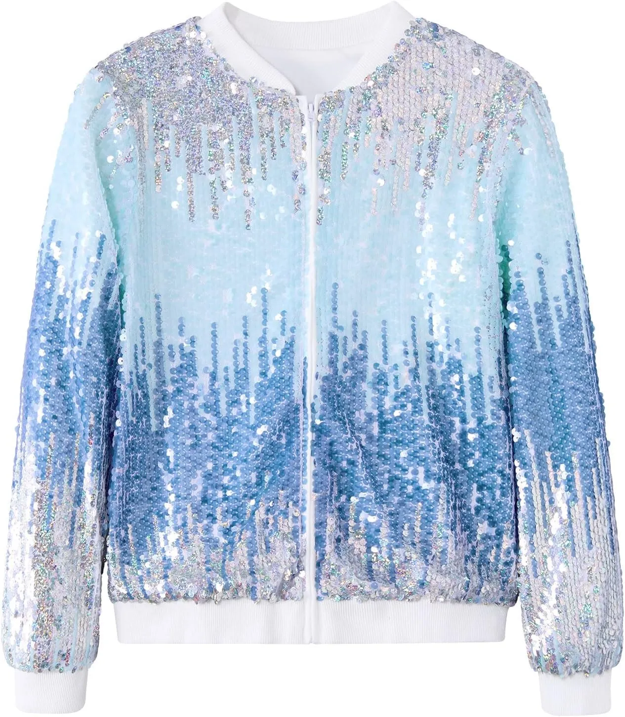 Lovekider Girls Sequin Jacket Glitter Long Sleeves Gradient Ombre Bomber Coat with Ribbed Cuffs for 4-12 Years Kids