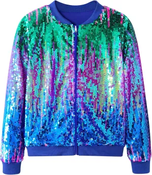 Lovekider Girls Sequin Jacket Glitter Long Sleeves Gradient Ombre Bomber Coat with Ribbed Cuffs for 4-12 Years Kids