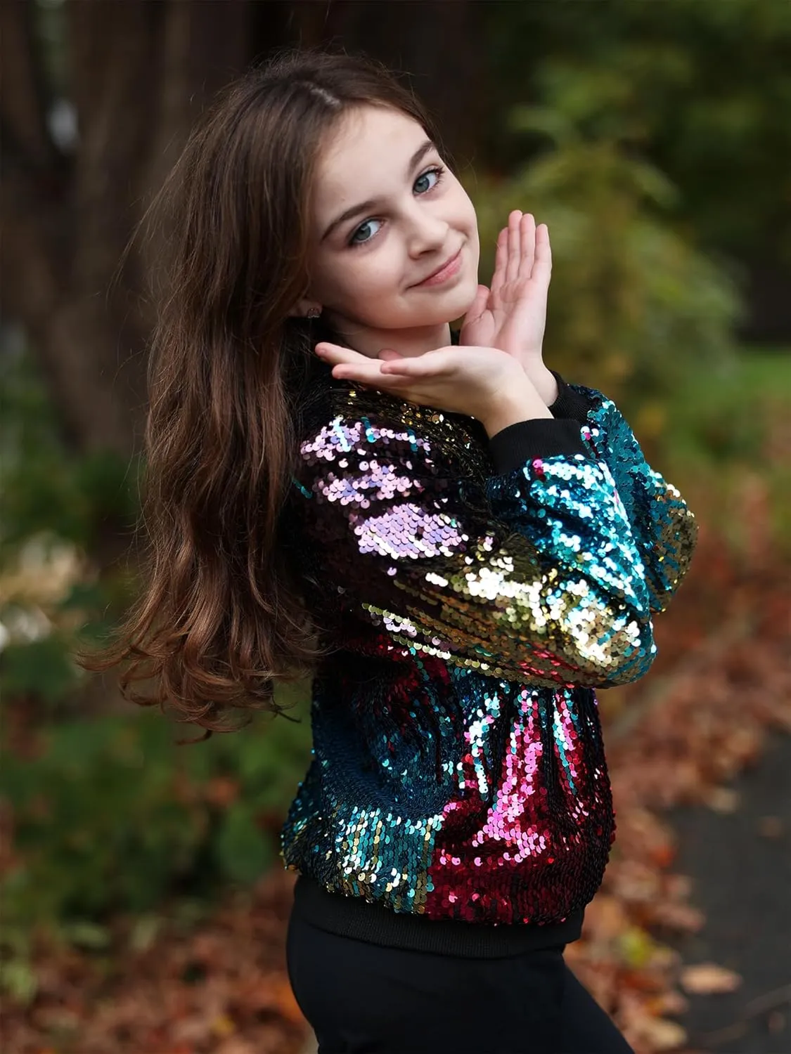 Lovekider Girls Sequin Jacket Glitter Long Sleeves Gradient Ombre Bomber Coat with Ribbed Cuffs for 4-12 Years Kids