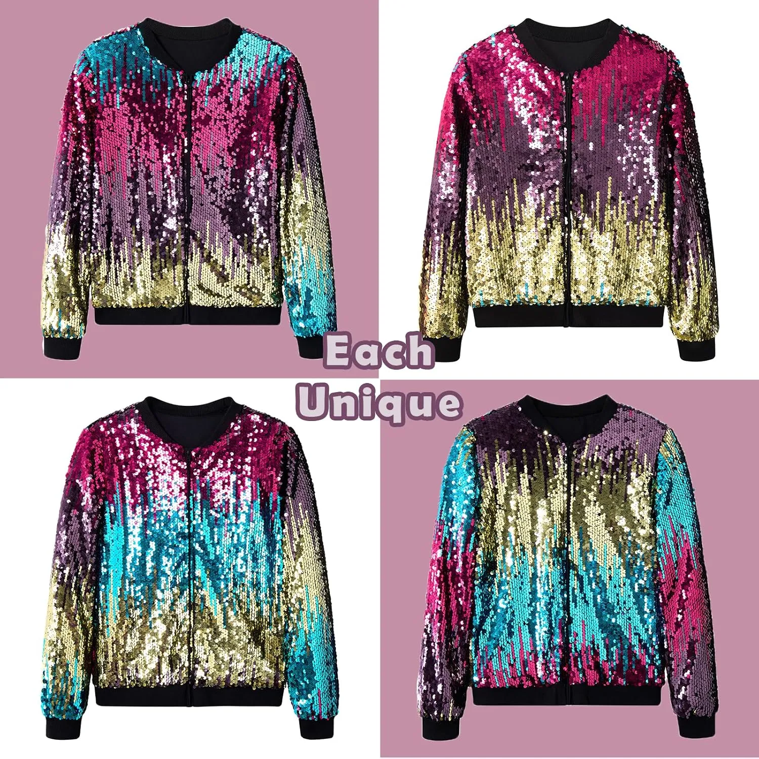 Lovekider Girls Sequin Jacket Glitter Long Sleeves Gradient Ombre Bomber Coat with Ribbed Cuffs for 4-12 Years Kids
