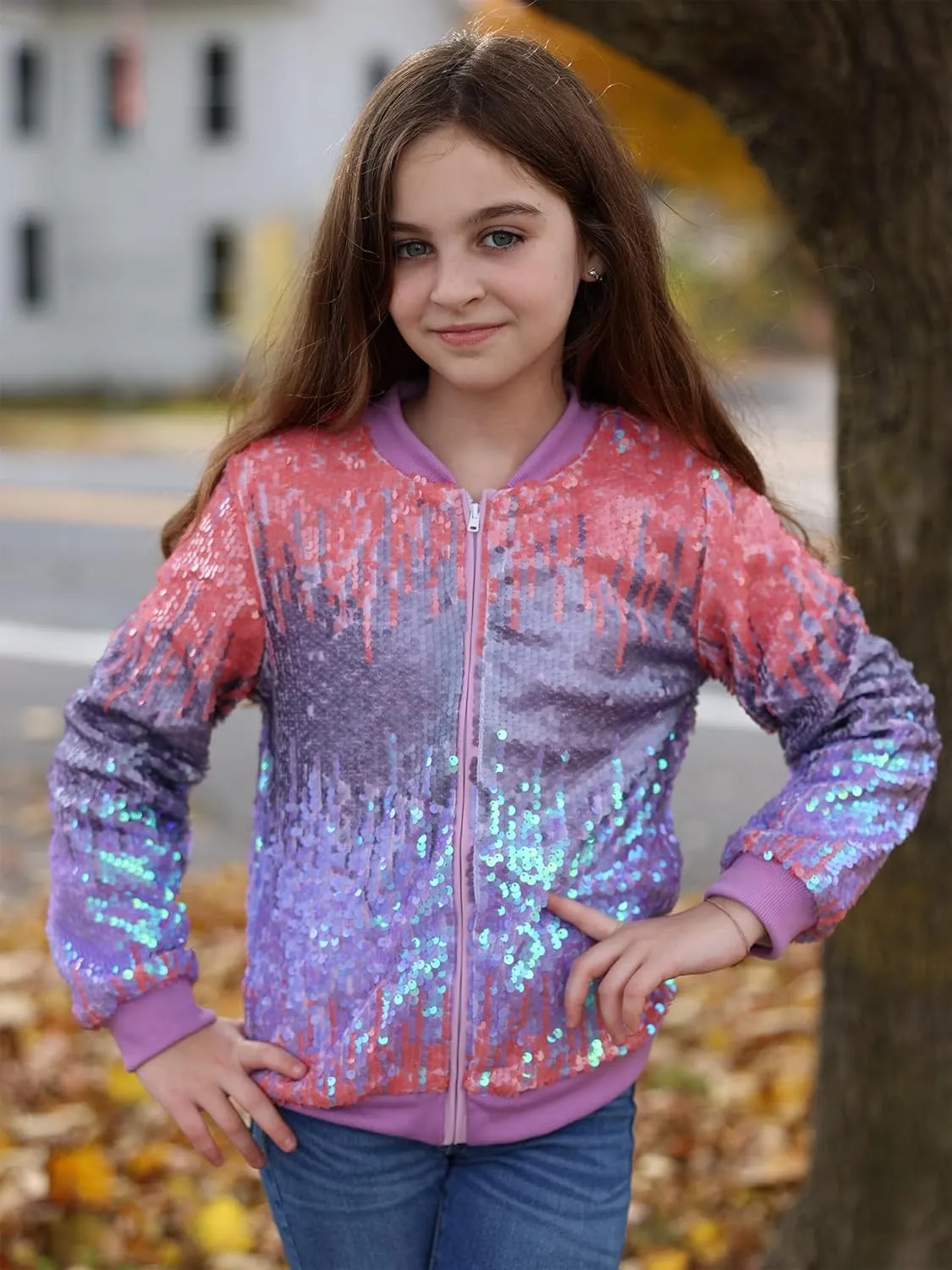 Lovekider Girls Sequin Jacket Glitter Long Sleeves Gradient Ombre Bomber Coat with Ribbed Cuffs for 4-12 Years Kids