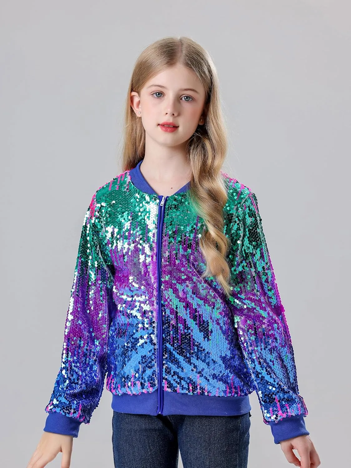 Lovekider Girls Sequin Jacket Glitter Long Sleeves Gradient Ombre Bomber Coat with Ribbed Cuffs for 4-12 Years Kids
