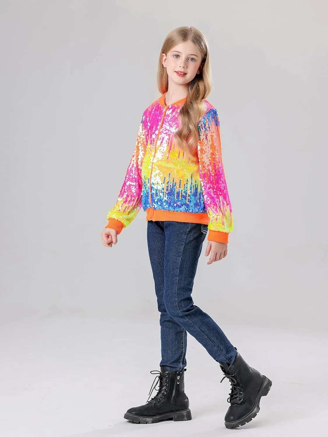 Lovekider Girls Sequin Jacket Glitter Long Sleeves Gradient Ombre Bomber Coat with Ribbed Cuffs for 4-12 Years Kids