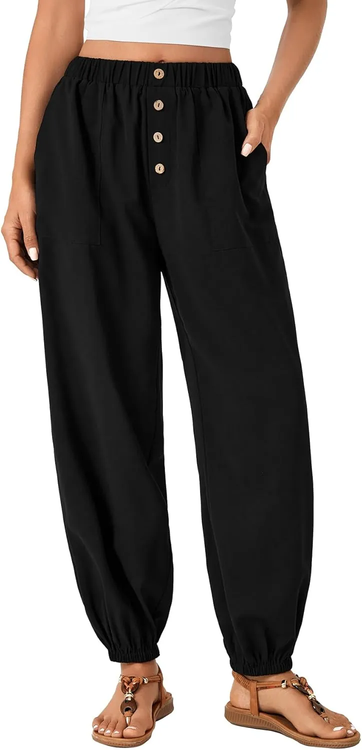 LYANER Women's Casual Elastic High Waist Buttons Decoration Baggy Loose Wide Leg Ankle Pants
