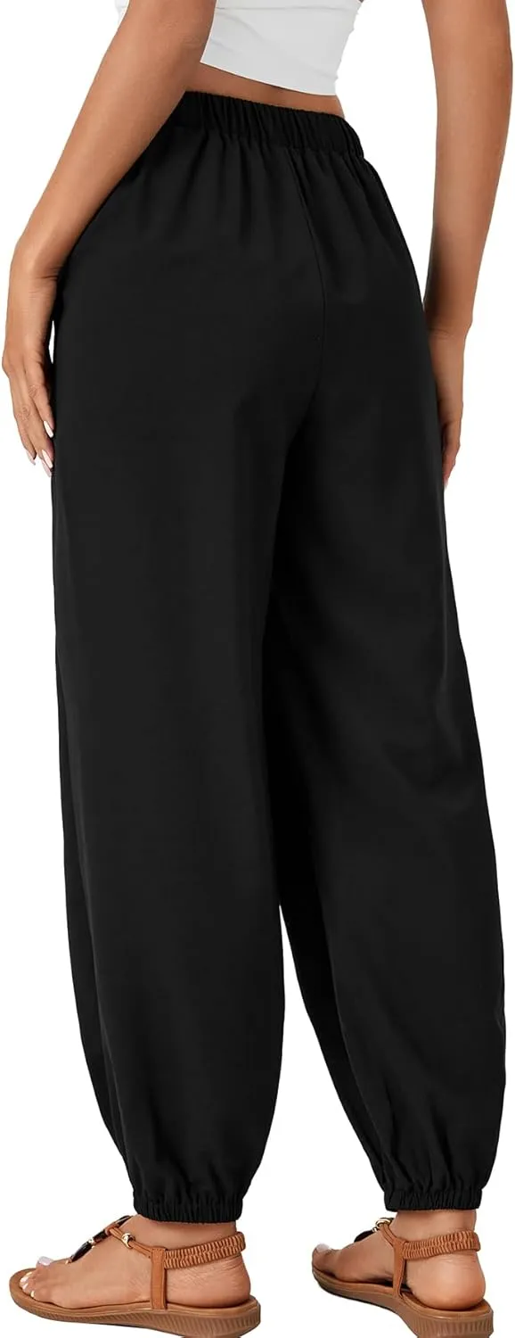 LYANER Women's Casual Elastic High Waist Buttons Decoration Baggy Loose Wide Leg Ankle Pants