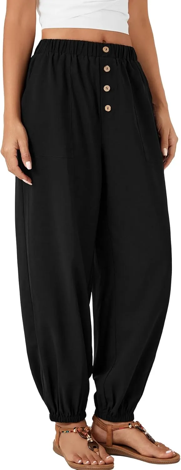 LYANER Women's Casual Elastic High Waist Buttons Decoration Baggy Loose Wide Leg Ankle Pants