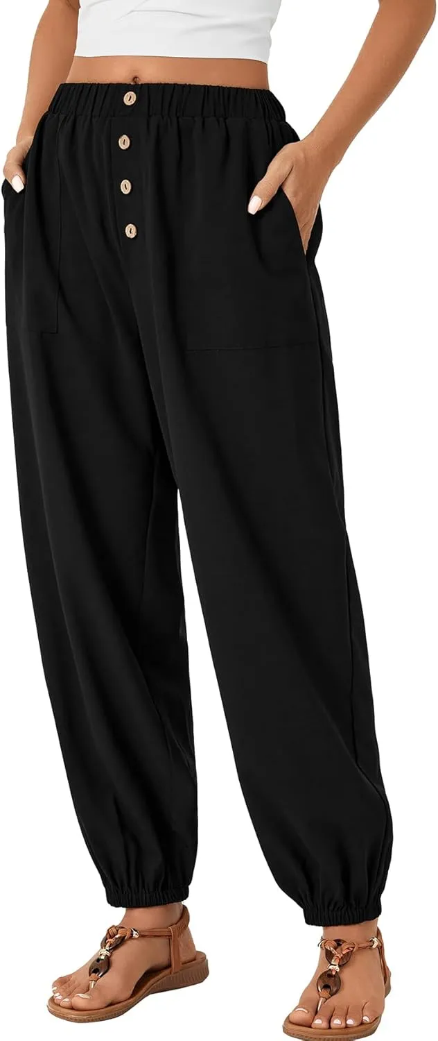 LYANER Women's Casual Elastic High Waist Buttons Decoration Baggy Loose Wide Leg Ankle Pants