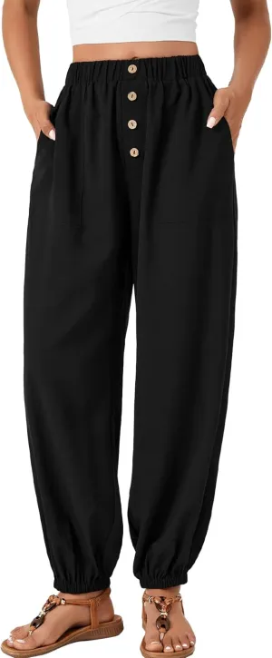LYANER Women's Casual Elastic High Waist Buttons Decoration Baggy Loose Wide Leg Ankle Pants