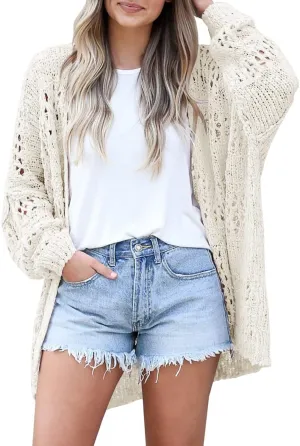 Mafulus Women's Crochet Cardigan Kimono Boho Long Sleeve Lightweight Soft Oversized Open Front Knitted Sweater