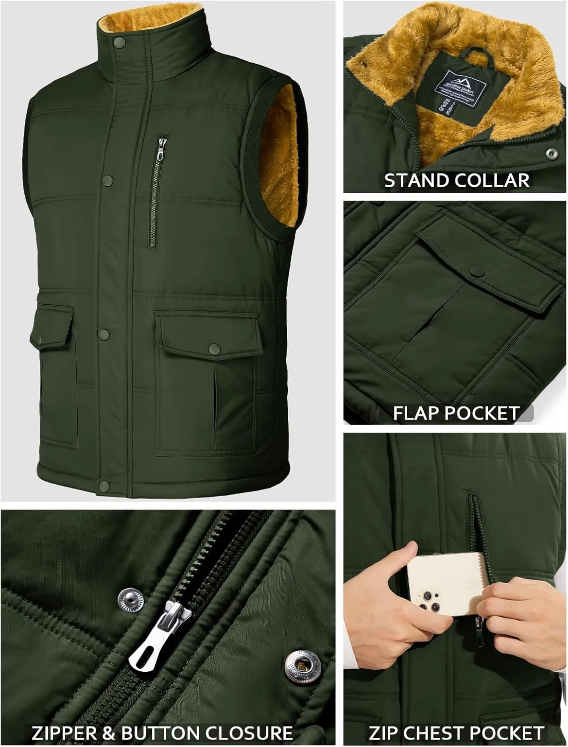 MAGCOMSEN Mens Winter Vests Outerwear Fleece Lined Puffer Vest Warm Casual Quilted Vest Bubble Sherpa Vest Jacket