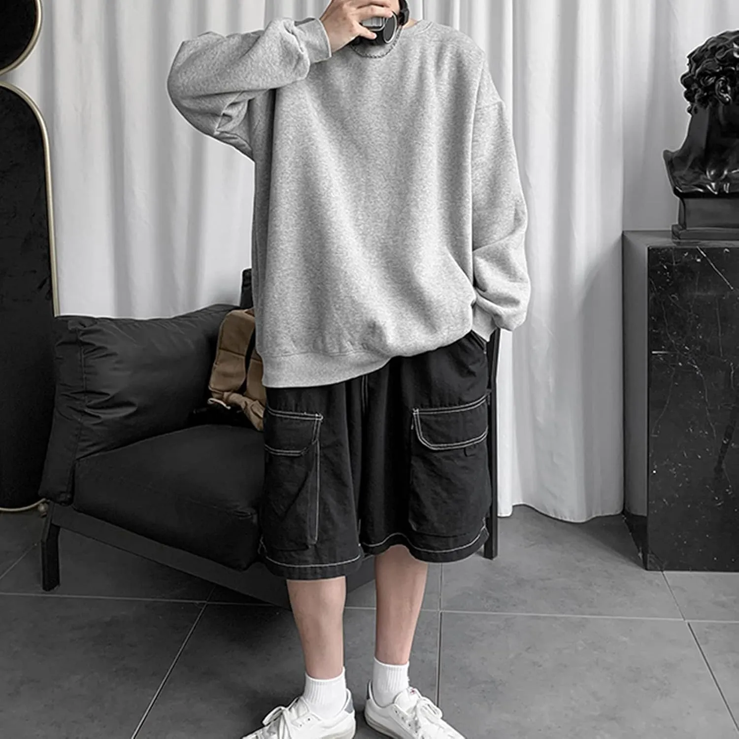Maiyifu-GJ Men's Lightweight Solid Crewneck Sweatshirt Oversized Long Sleeve Comfort Casual Tops Loose Fit Workout Pullover