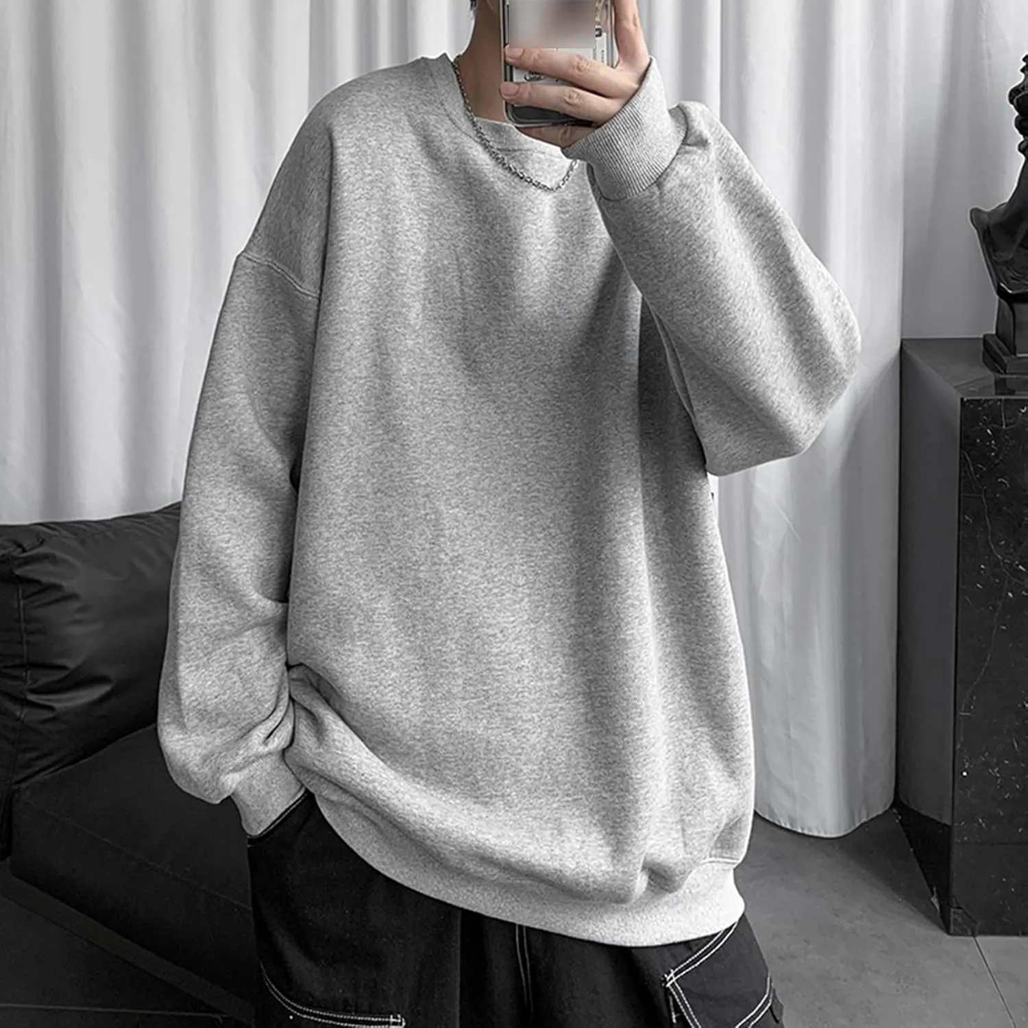 Maiyifu-GJ Men's Lightweight Solid Crewneck Sweatshirt Oversized Long Sleeve Comfort Casual Tops Loose Fit Workout Pullover