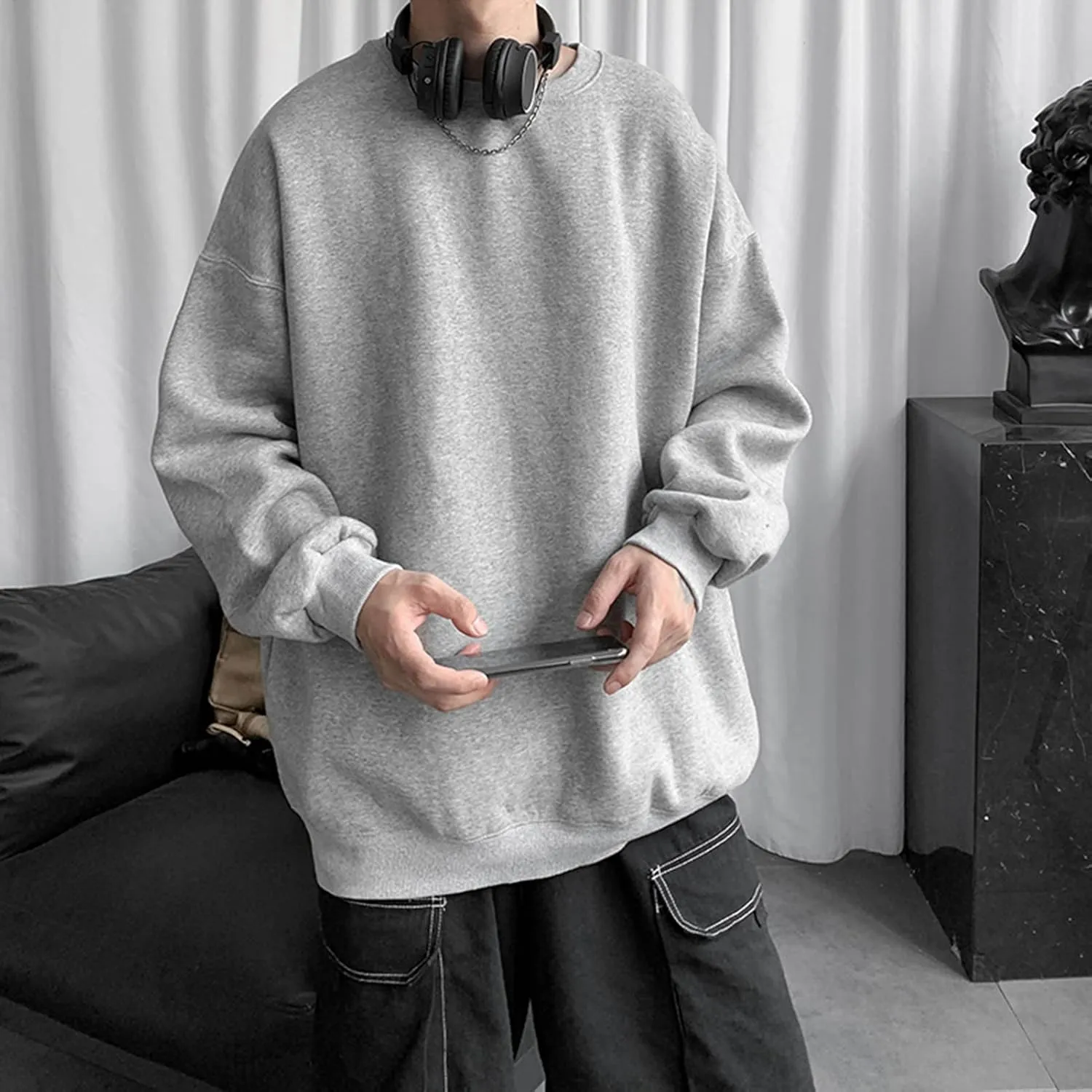 Maiyifu-GJ Men's Lightweight Solid Crewneck Sweatshirt Oversized Long Sleeve Comfort Casual Tops Loose Fit Workout Pullover
